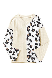 Beige Asymmetric Leopard Patchwork Wide Sleeve V Neck Sweater