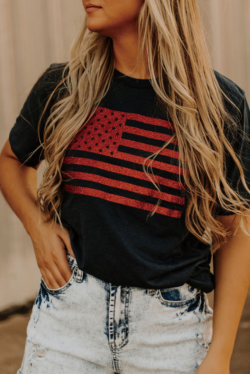 Black Glitter American Flag Round Neck Graphic T Shirt