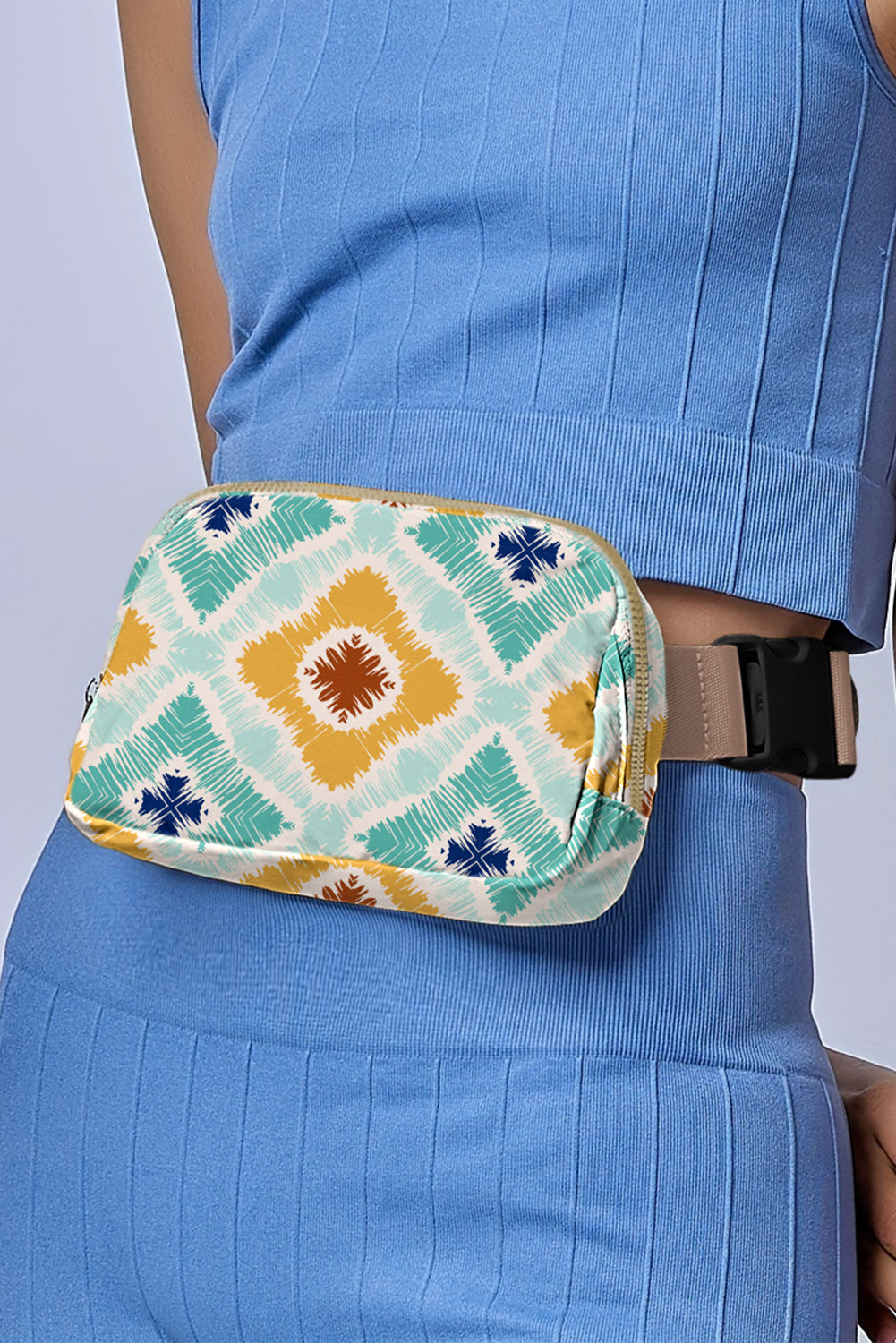 Light Blue Western Print Buckle Wide Straps Crossbody Bag