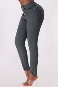 Gray Plain High Waist Buttons Frayed Cropped Denim Jeans