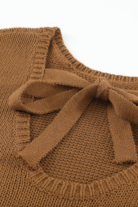 Brown Drop Shoulder Back Cut-out Sweater with Tie