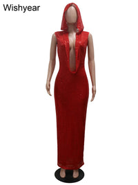 New Luxury Birthday Red Hooded Dress for Women Sexy Deep V Neck Sequins Glitter Mesh See Through Back Open Sparkly Evening Robe