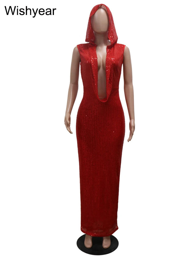 New Luxury Birthday Red Hooded Dress for Women Sexy Deep V Neck Sequins Glitter Mesh See Through Back Open Sparkly Evening Robe