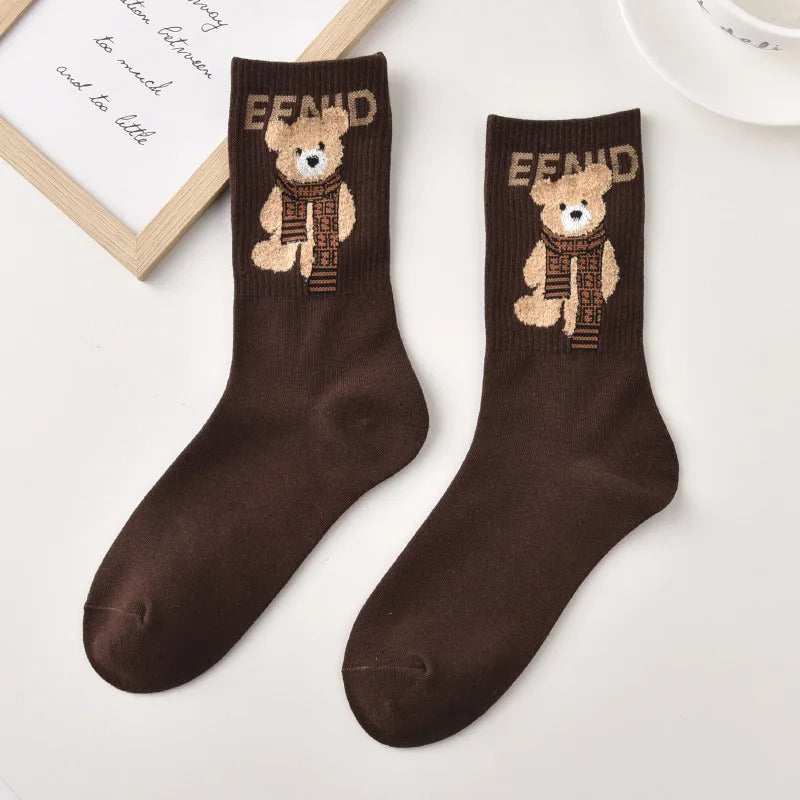 Spring Autumn Winter Cartoon Women'S Socks Cotton Mid-Tube Cute Bear Print Trend Short Socks Comfortable Breathable Sports Socks