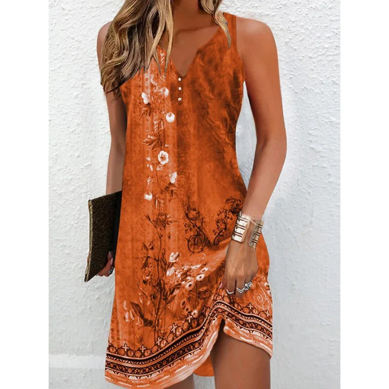 Summer Women's Printed V-Neck Sleeveless Fashion Dress Sexy Flower Mini Dresses Vintage Clothes Vest Ropa Elegant Vestidos 2024