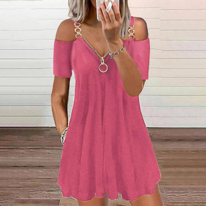 2023 Summer New Fashion Short Sleeve Solid Color Metal Zipper V Neck Casual Loose Mini Dress Loose Plus Size