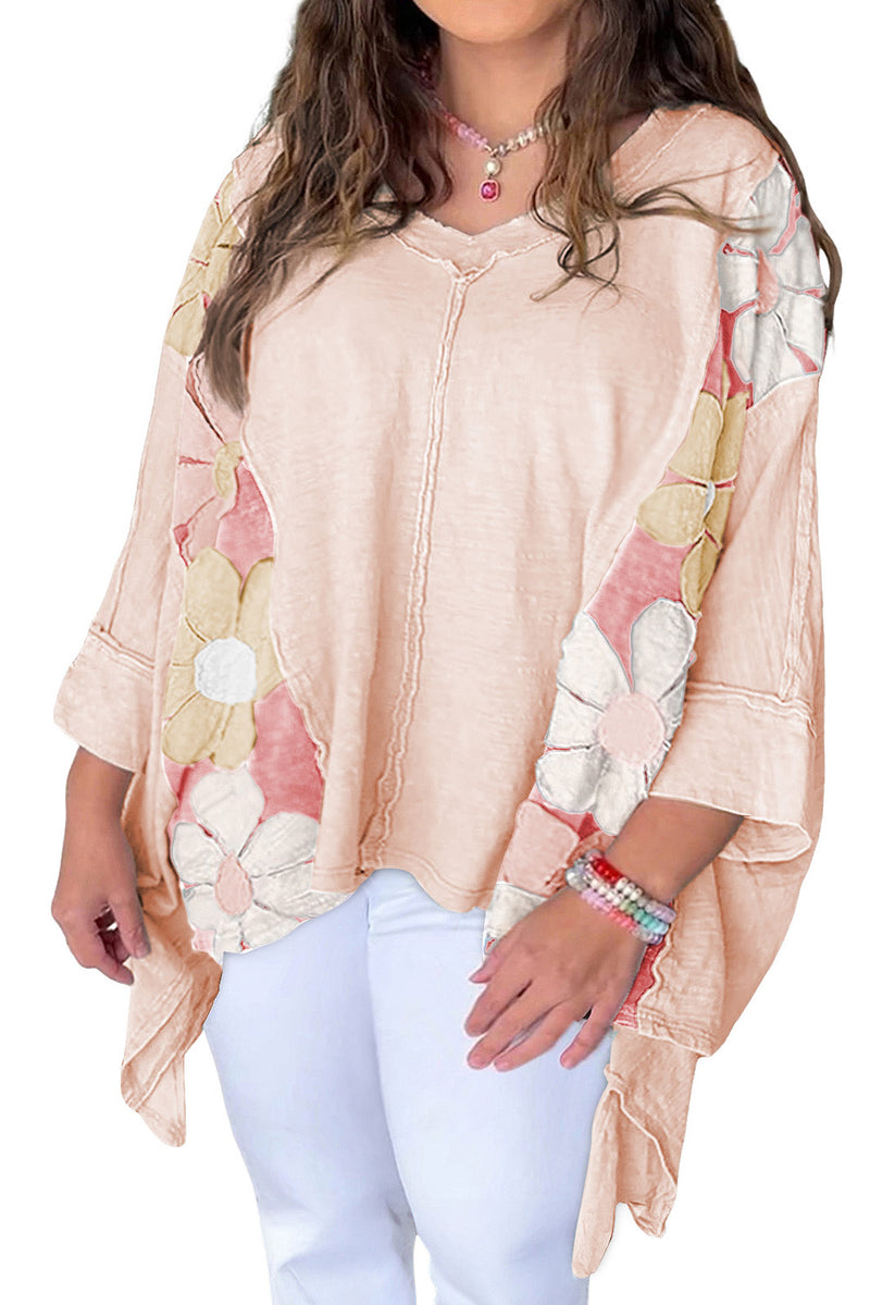 Apricot Pink Plus Size Flower Patchwork Exposed Seam High Low Top