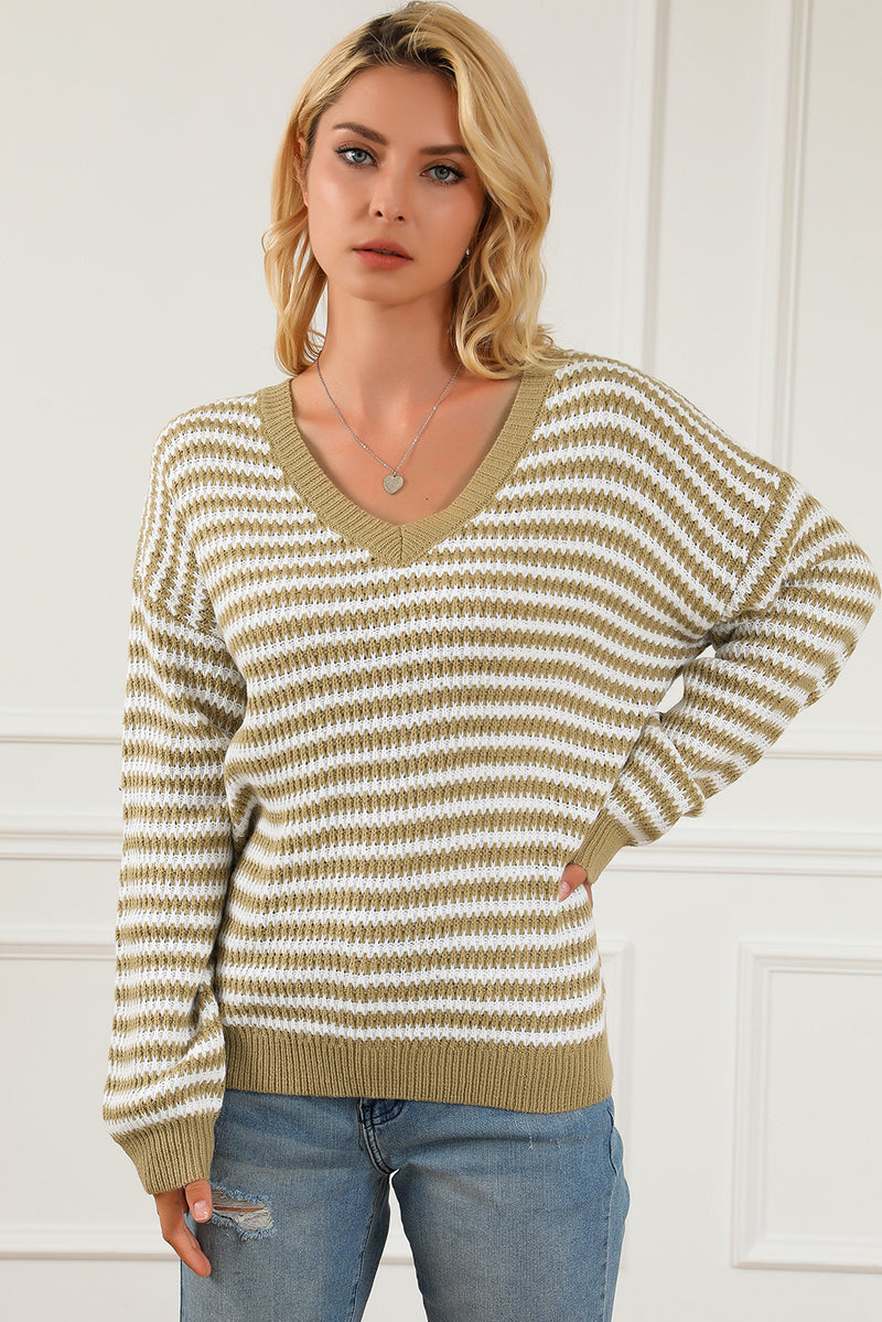 Khaki Chic Striped Knit V Neck Drop Shoulder Sweater