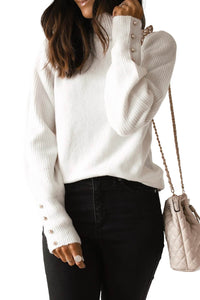 White Button Ribbed Puff Sleeve High Neck Sweater