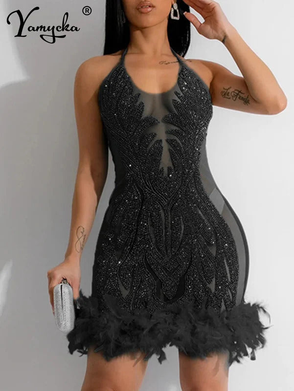 Sexy elegant black white slip sequin summer dress women birthday party club dress see through mesh midi evening dresses vestido