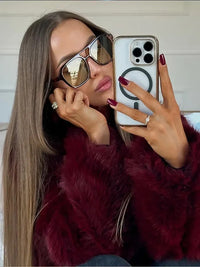 Wine Red Fluffy Faux Fur Short Coat Women Elegant Full Sleeve Warm Lapel Jacket New Winter Woman Commuter Outerwear 2024