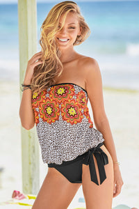 Retro Floral Leopard Pattern Strapless Tankini Set