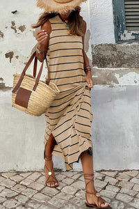 Women's Stripe Print Open Back Sleeveless Tank Maxi Dress with Slits