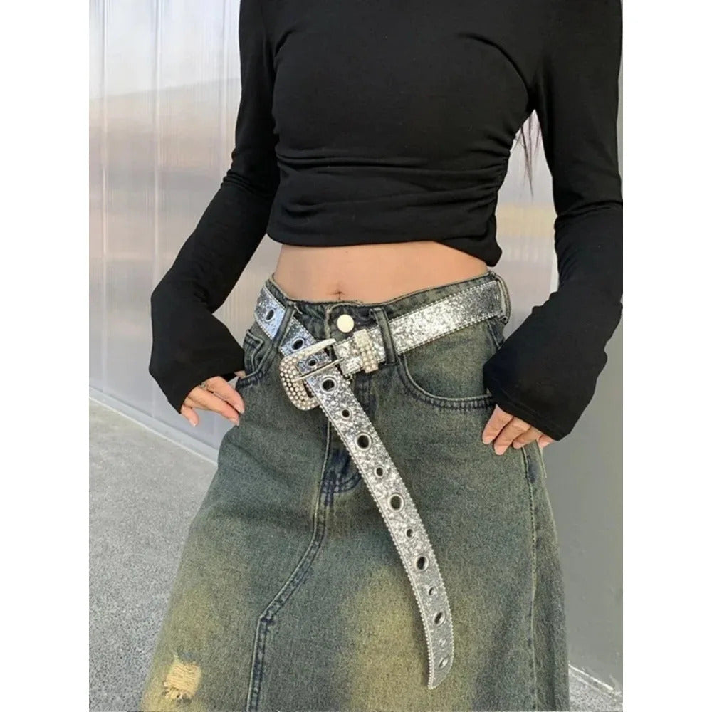 Y2K Women Fashion Solid Print Studded Full Rhinestone Belt PU Leather Bling Crystal Adjustable Glitter Waistband for Club Party