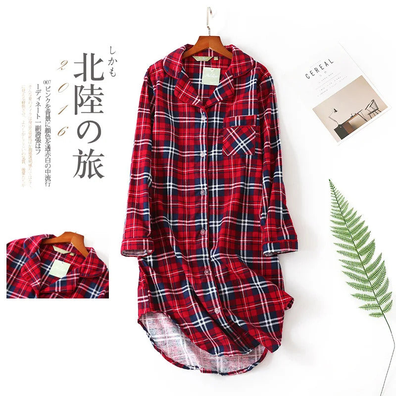 Flannel Cotton Home Nightdress Cardigan Shirt Night Dress Cute Cartoon Plaid Design Sleepwear Fashion Sleeping Shirt Woman