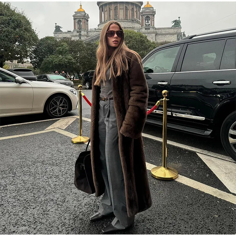 Dark Brown Faux Fur Long Overcoat For Women Fashion Lapel Single Breasted Loose Fluffy Plush Warm Coat Winter Thicken Outerwear