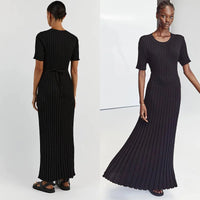 Elegant Knitted Ribbed Long Dress Women Slim Wave O-neck Short Sleeve Hip Package Dresses Female 2024 Summer Lady  Robe