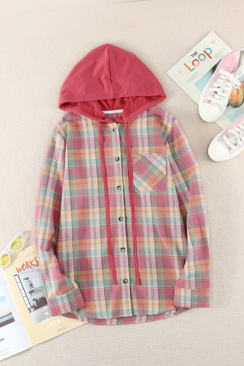 Red Drawstring Plaid Hooded Shacket