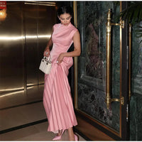 Fashion Women's Solid Irregular Pleated Maxi Dress Elegant Oblique Neck Sleeveless High Waist Dresses Female New Chic Party Robe