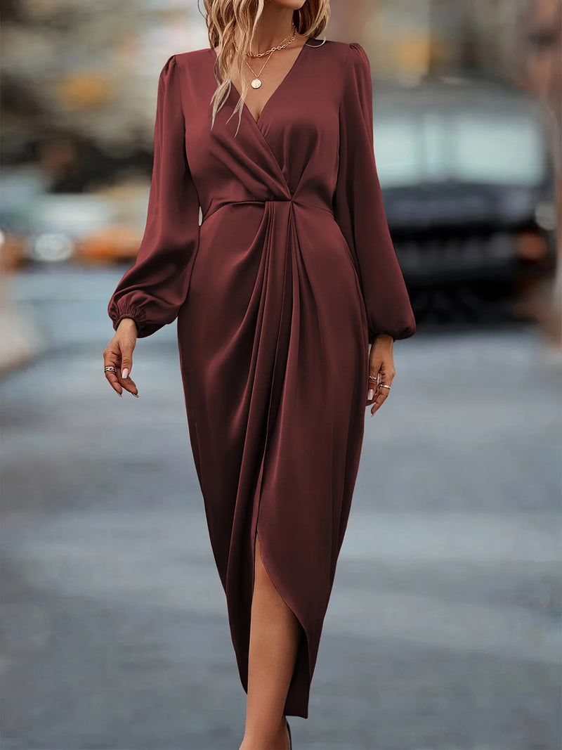 New Elegant Women's Maxi Dress With Cross Neckline Folded Pleats Slit Bubble Sleeves Irregular Long Sleeves Dress  Autumn 2024