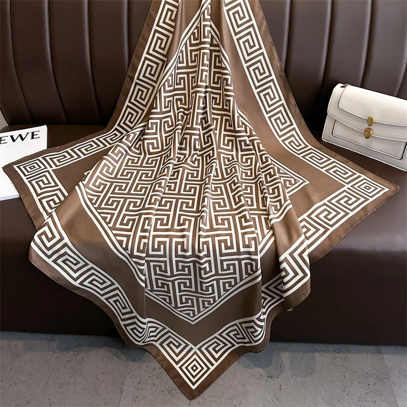 New Fashion Luxury Printing 90*90CM Women Scarf Satin Twill Square Big Shawl Elegant Headscarf Beach Sun Protection Bandana