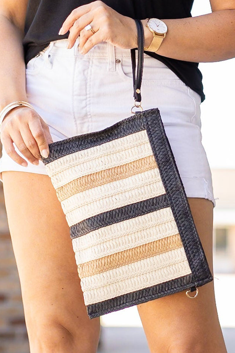 Black Contrast Striped Straw Woven Shoulder Bag