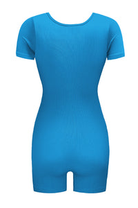 Sky Blue Ribbed Square Neck Short Sleeve Athleisure Romper