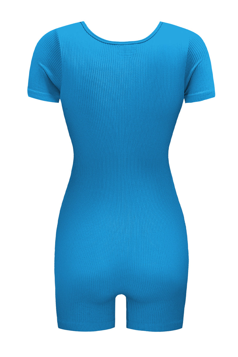 Sky Blue Ribbed Square Neck Short Sleeve Athleisure Romper