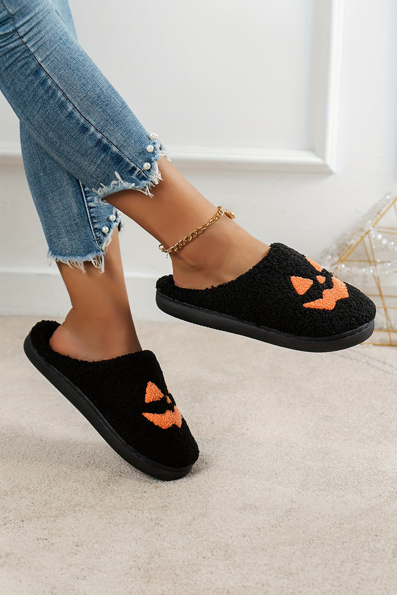 Black Halloween Pumpkin Face Graphic Plush Slippers