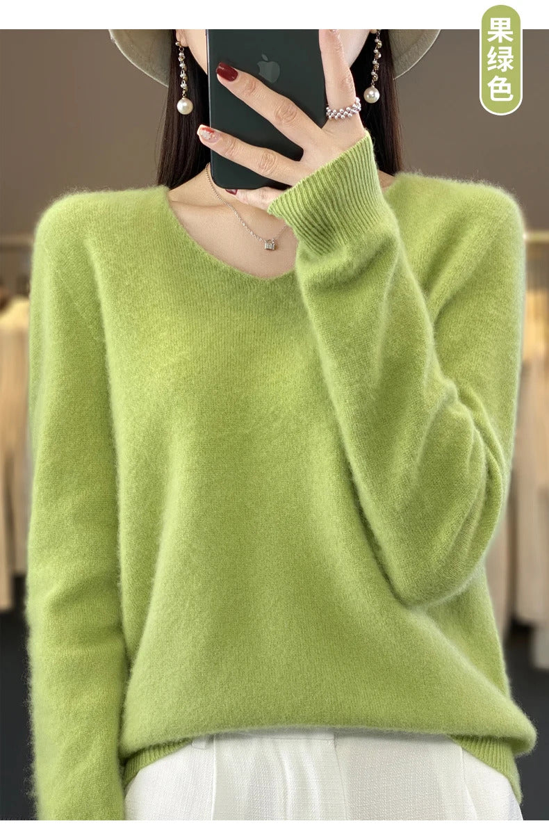 100% pure wool cashmere sweater women's V-neck pullover casual knit top autumn and winter women's coat Korean fashion