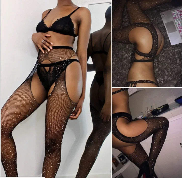 Lingerie Sexy Open Bare Crotch Netting Pantyhose with Rhinestone Access Women Black Crotchless Mesh Fishnet Nylon Stocking Tight