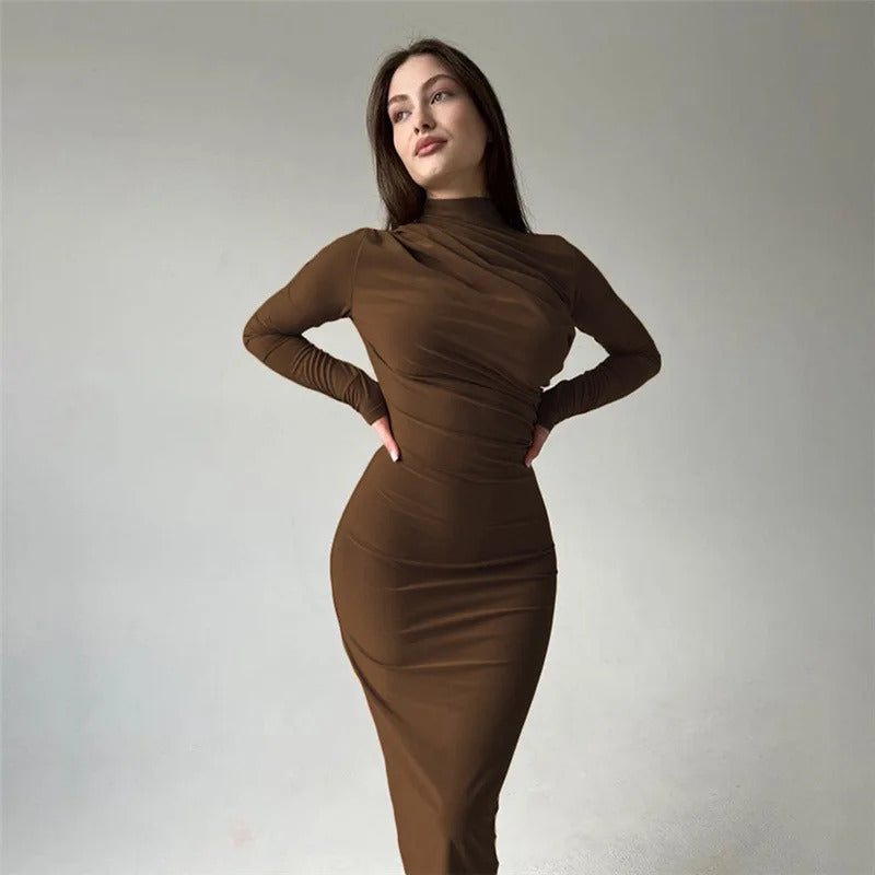 Cryptographic Autumn Elegant Ruched Long Bodycon Dress Fashion Outfits for Women Club Party Slinky Sexy Dresses Birthday Robes