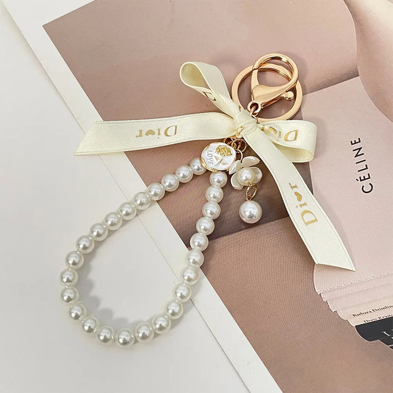 Imitation Pearl Keychain Sweet Letters Ribbon Bowknot Keyring Accessories Metal Buckle Women Bag Charms Best Gifts Jewelry