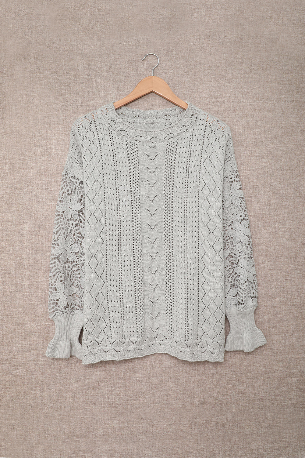 Gray Crochet Lace Pointelle Knit Sweater