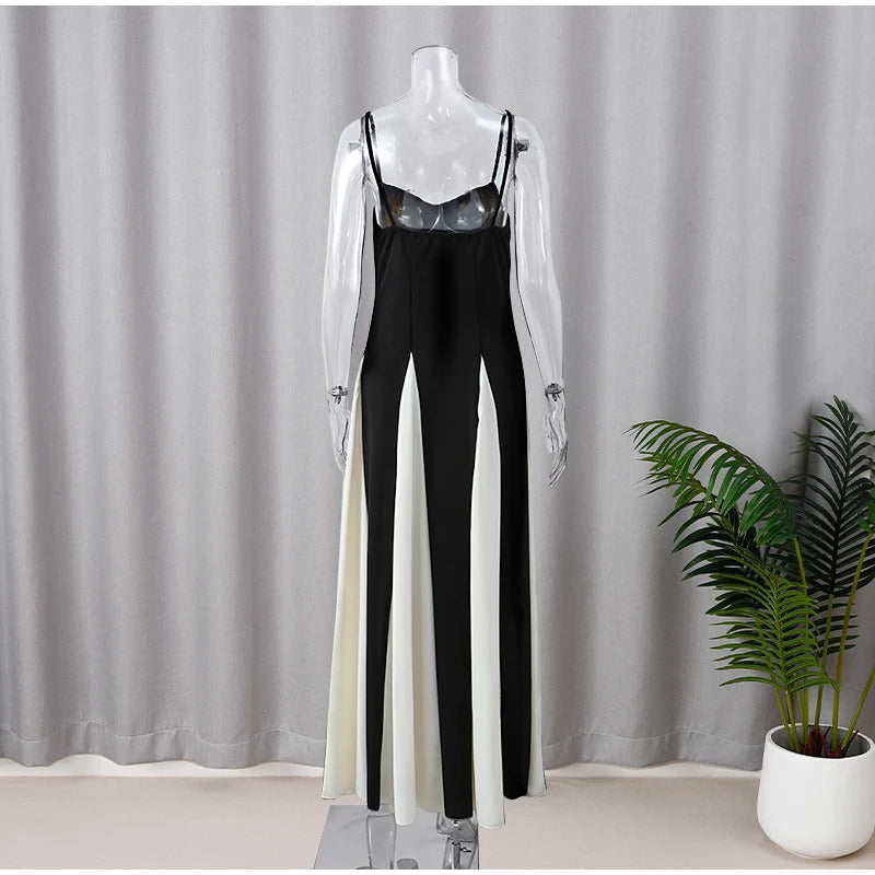 Elegant Black White Contrasting Women Sling Dress Fashion Backless Sleeveless High Waist Maxi Dresses Female Party A-line Robes