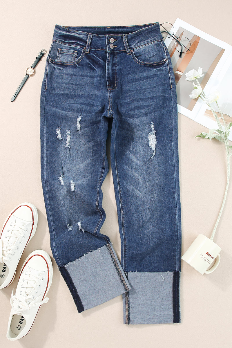 Blue High Waist Distressed Straight Leg Jeans