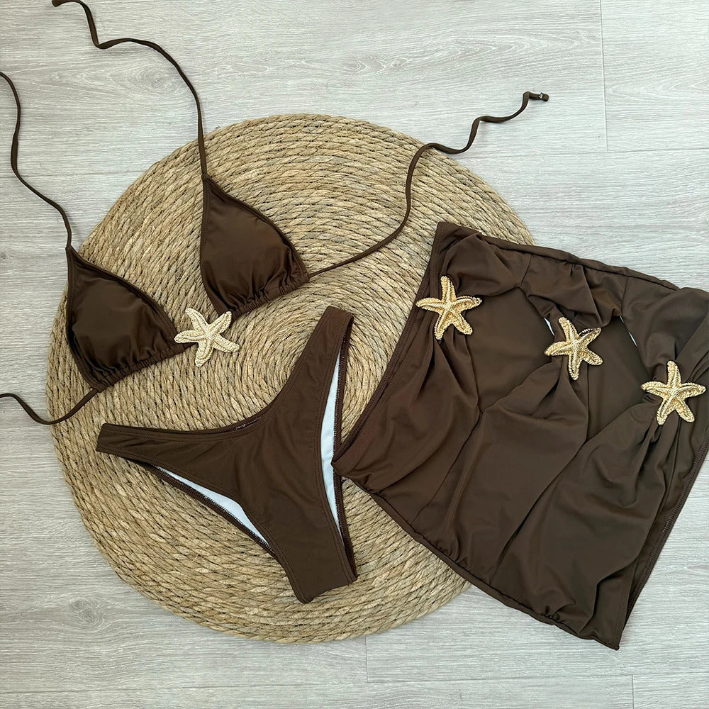 Sexy starfish 3 Pieces Bikinis 2024 Swimsuit For Women Black Swimwear Brazilian Bikini Set Biquini Female Swimuits Beachwear