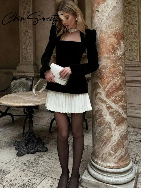 Urban Velvet Spliced Mini Dress Women Pleated Square Neck Long Sleeve Female Dreses 2024 Autumn Winter Lady Evening Party Wear