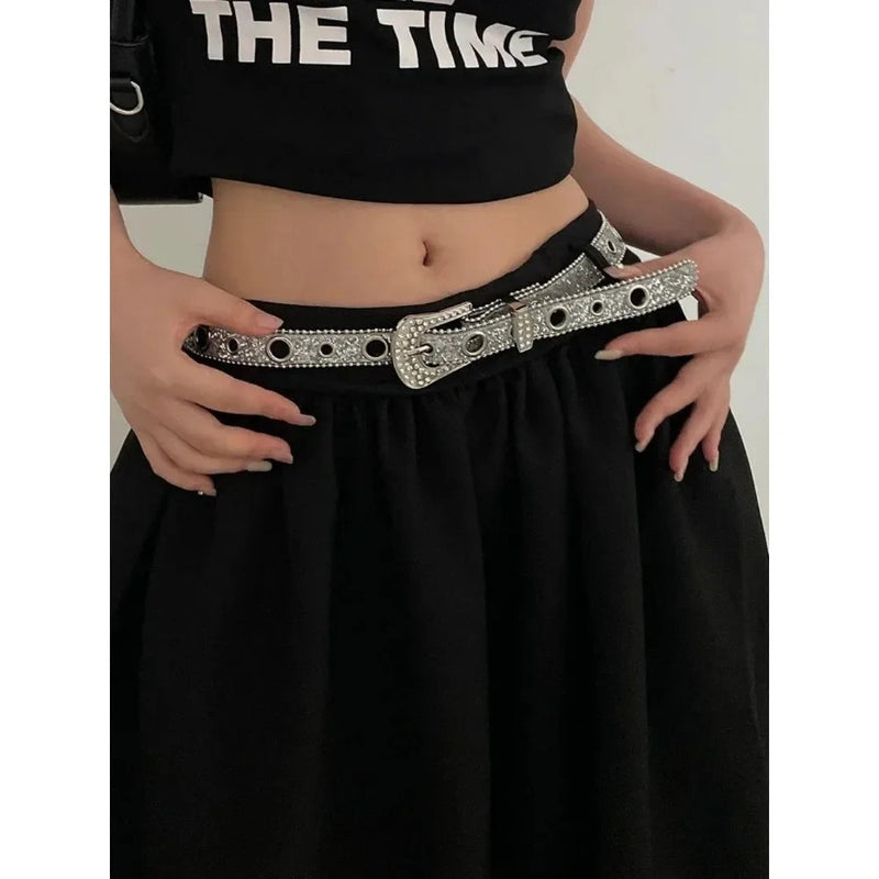 Y2K Women Fashion Solid Print Studded Full Rhinestone Belt PU Leather Bling Crystal Adjustable Glitter Waistband for Club Party