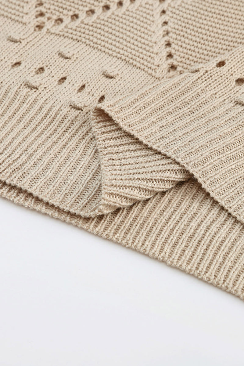 Khaki Pointelle Knit Short Dolman Sleeve Sweater Top