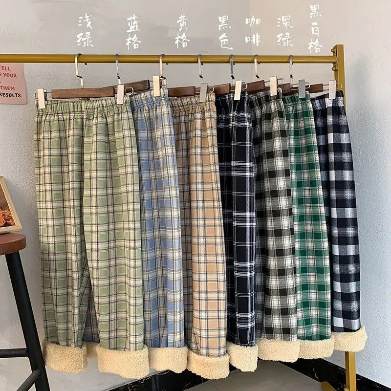 Padded Thickened Wide Leg Pants Winter LambswoolPlaid Pants Female High Waist Casual Straight Pants