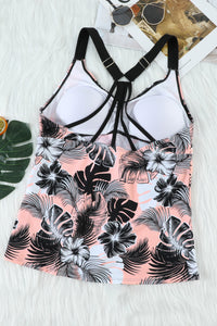 Pink Floral Printed Strappy Racerback Tankini Swim Top