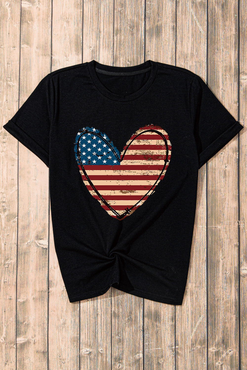 Black American Flag Heart Shape Round Neck Graphic Tee