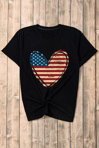 Black American Flag Heart Shape Round Neck Graphic Tee