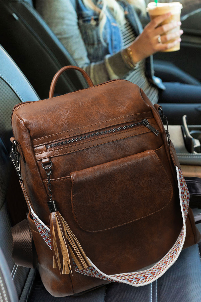 Dark Brown Tassel Decor Retro PU Large Capacity Backpack