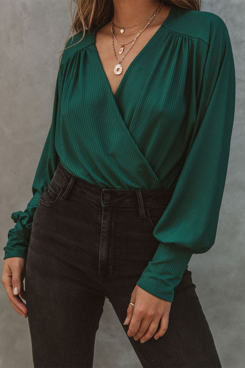 Green Ribbed Texture Drape Front V Neck Bodysuit