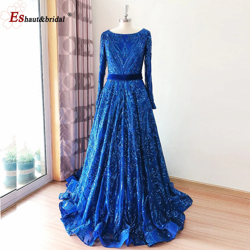 Dubai A-Line Luxury Wedding Evening Dress for Women Muslim 2024 Long Sleeves Sequin Plus Size Formal Prom Party Gown Customized