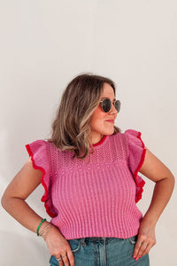 Rose Red Ruffled Contrast Trim Plus Size Short Sleeve Sweater