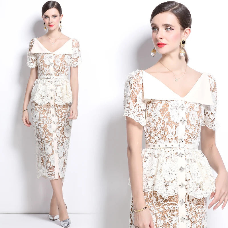 Quality Summer Beaded Diamonds Embroidery Beige White Lace Evening Dress Women Short Sleeve Ruffle Peplum Midi Prom Dresses Long