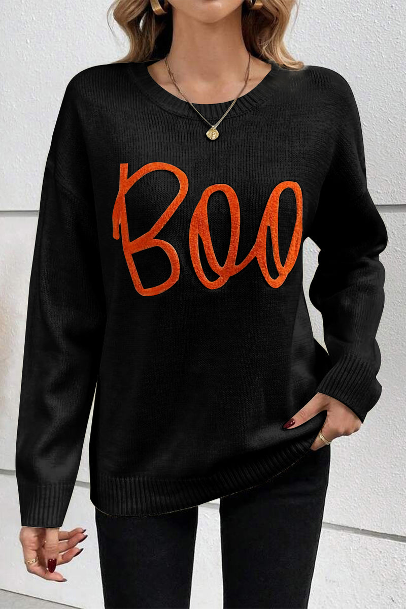 Black Boo Knitted Pattern Ribbed Edge Drop Shoulder Sweater